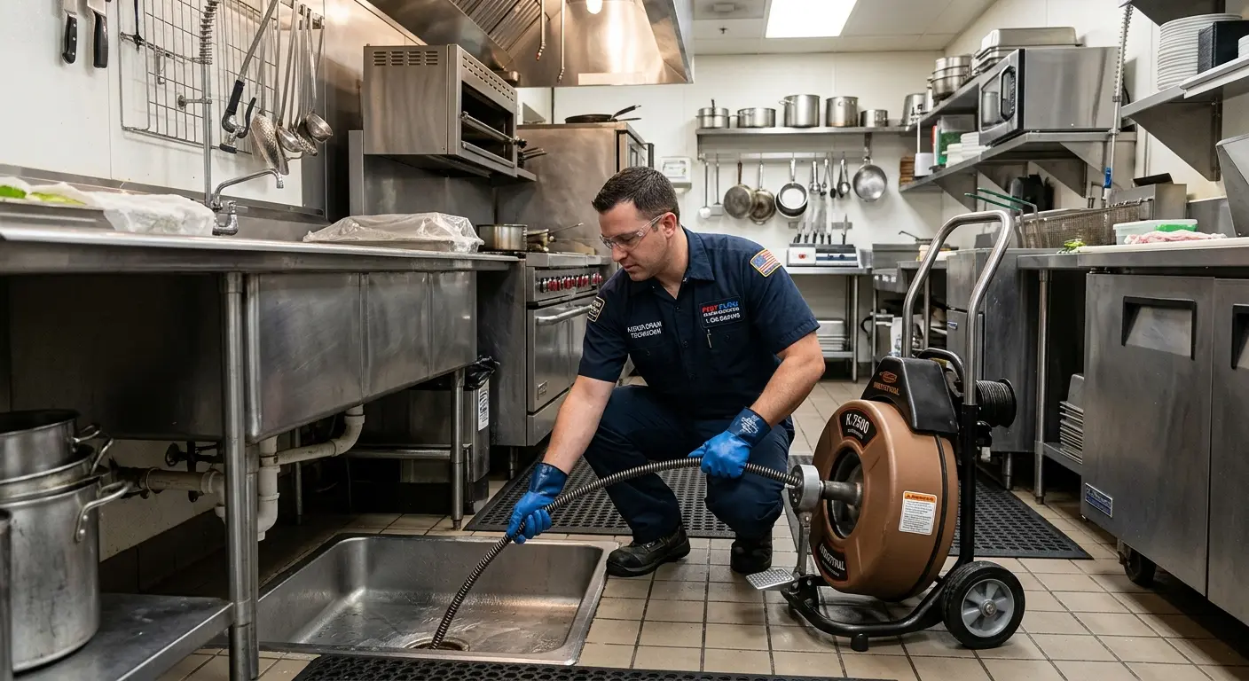 Commercial drain cleaning service in a restaurant kitchen in Westland