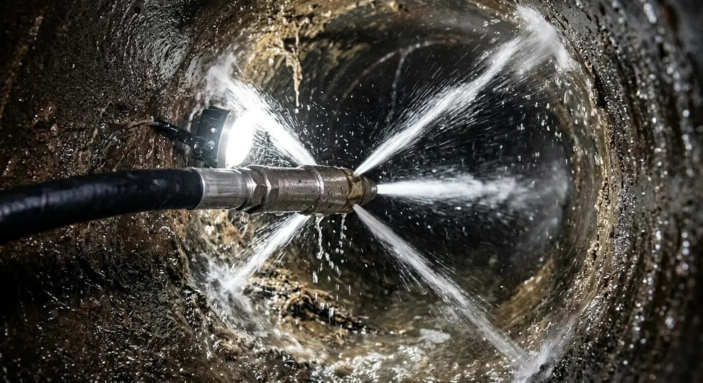 High-pressure hydro jetting nozzle cleaning sewer pipe for Emergency Drain Service in Westland