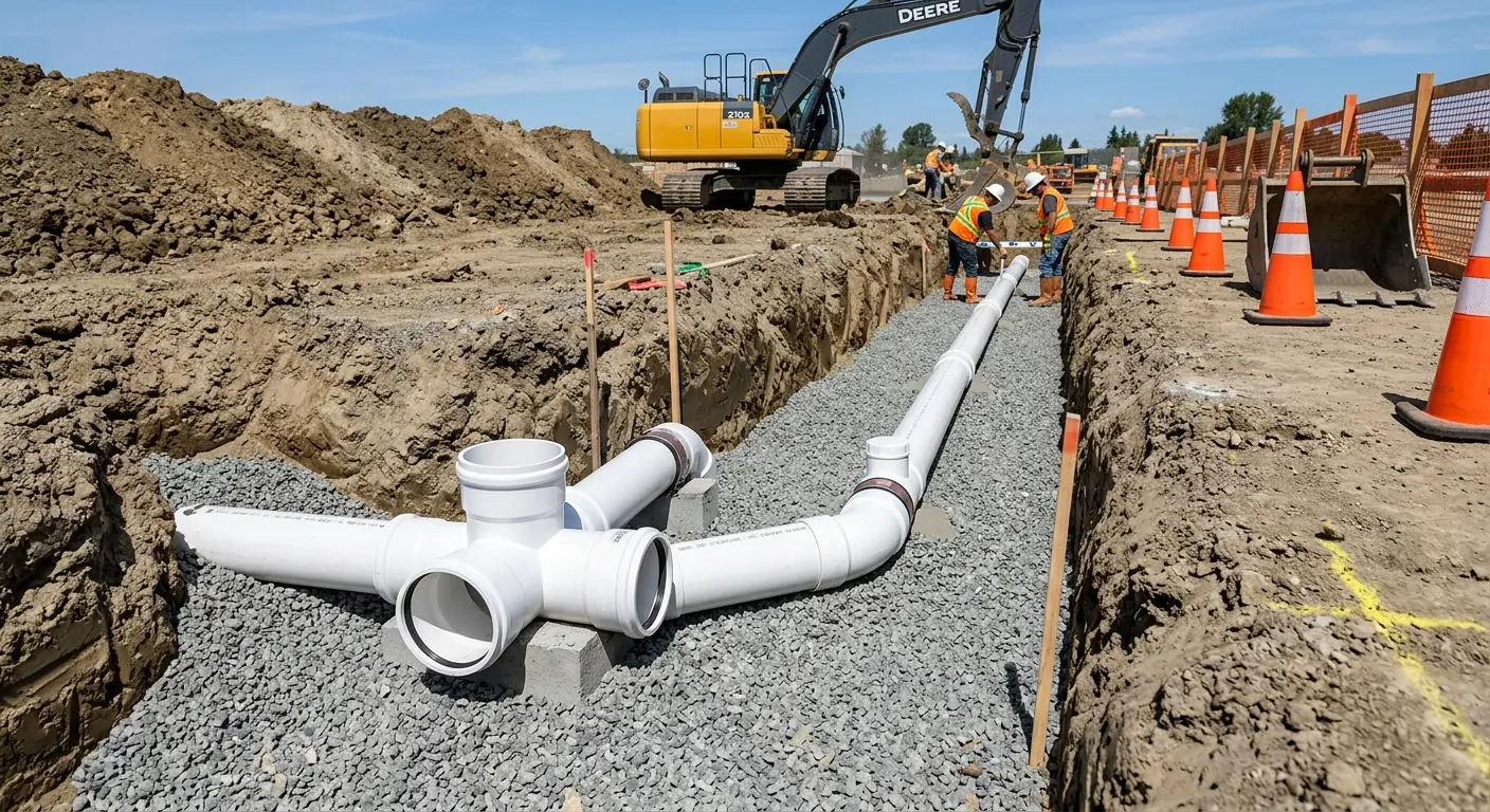 New PVC sewer pipe installation in open trench for Sewer Camera Inspection in Westland