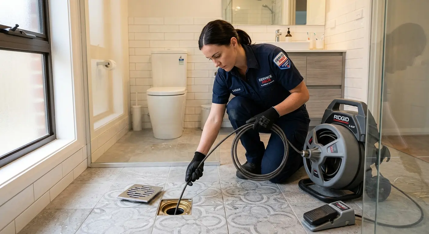 Technician clearing a bathroom floor drain for Drain Repair in Westland